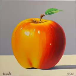 an apple on a table has been painted with multiple colors,an apple with a leaf sitting on top of a table,a red and yellow apple sitting on top of a table,an apple sits on a table and it appears to be a painting,an apple with a leaf sitting on top of a table