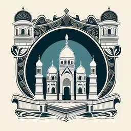 an ornate design with a cathedral and arches,a stylized picture of an ornate building with domes and arches
