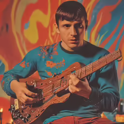 a man holding a guitar on top of a blue carpet