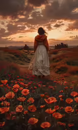 a woman in a white dress standing in a field