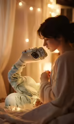 a woman sitting on the bed in front of a camera
