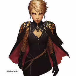 a woman with blonde hair and a cape on her shoulders
