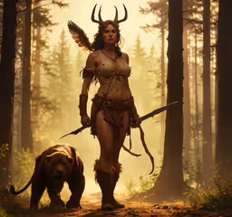 a young woman walking through the woods with a bear,a woman dressed in native garb walking with a bear in a forest