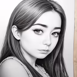 black and white drawing of a woman with big eyes