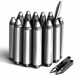 a pen is next to a group of metal markers