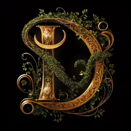 a fancy and gold letter p covered in vines