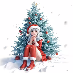 there is a doll sitting next to the christmas tree