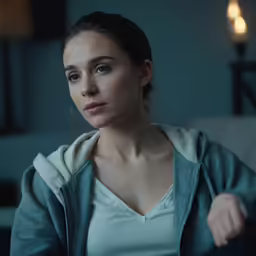 a woman with very blue eyes and wearing a hooded jacket
