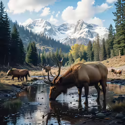 an elk drinking water in a mountain stream