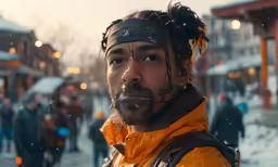 there is a man with dreadlocks and an orange jacket in the street