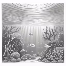 pencil drawing underwater scene with rocks and fish,a pencil drawing of the underwater scene,an underwater view with lots of coral and algae,a pencil drawing of a underwater scene with fish and seaweed,a black and white drawing of an underwater scene