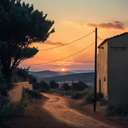 a street scene with a house and a dirt path