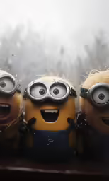 three minions from the movie despicade with foggy background