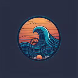 the sun setting over an ocean wave with a small bird,a large wave crashes as it approaches an orange sun on top of a mountain