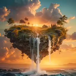 the island is filled with waterfalls and trees as the sun sets