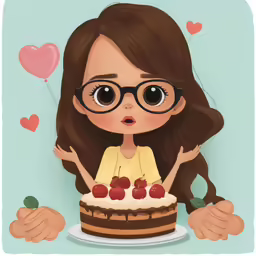 a woman wearing glasses is standing in front of a cake