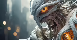 a close up shot of a demon statue with large orange eyes