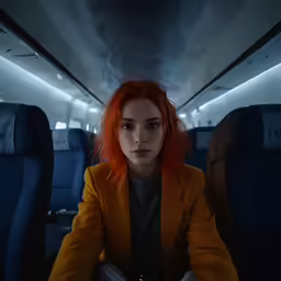 a woman sitting on top of an airplane looking at the camera
