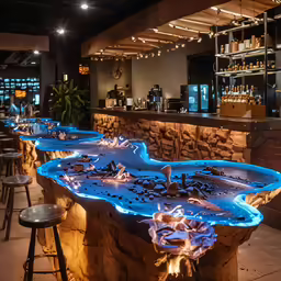 a restaurant bar has a lit up counter