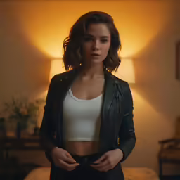 a girl with short hair wearing a white top and a black leather jacket is standing in a bedroom