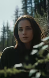 a young woman is looking into the camera
