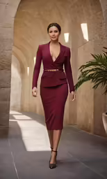 a woman in a burgundy suit walking through an archway