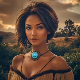 a woman wearing a dress, necklace and a pendant