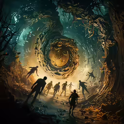 group of people in a tunnel in an animated forest
