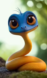 a close up of a yellow snake with big eyes