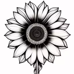 a white and black sunflower with long petals,a drawing of a large sunflower with white petals