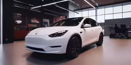 a white sports utility vehicle sits in an indoor garage