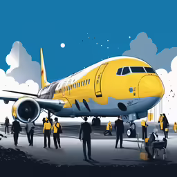 a yellow jet airliner sitting on top of an airport runway