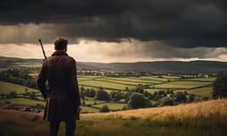the man is looking out at the countryside,a person in a trench coat stands in an open field while looking out at the landscape