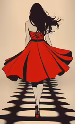 a painting of a woman walking across a long black and white line