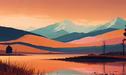 a painting of snow covered mountains with trees in the foreground,an orange sunset reflecting the mountains in water