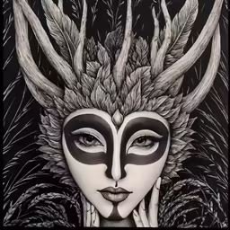 a drawing of a woman with antelope feathers on her head