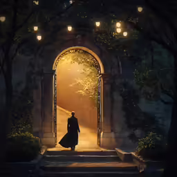 a woman in a black dress is walking down a dark path through the woods