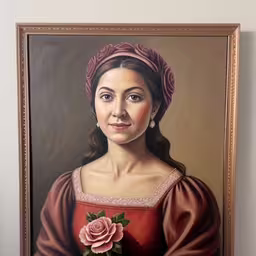 a portrait of a woman in a red dress and a rose bouquet,a portrait of a lady in brown dress