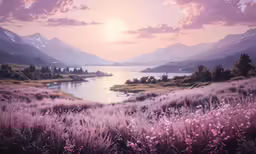 a painting of grass and flowers on the ground in front of mountains