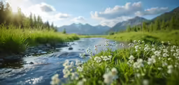 small stream in the mountains with flowers in the foreground