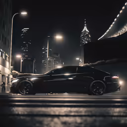 a black car on the road at night in a city