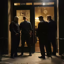 three men are standing in a doorway with an clock