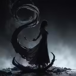 a person with long hair holding a sword near an animal