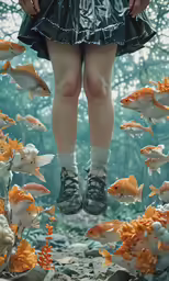 a girl floating in the air in front of fish