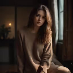 a woman is posing in a sweater and slacks