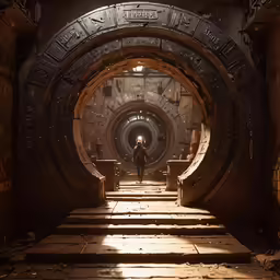 a long corridor with the sun shining on the floor and steps