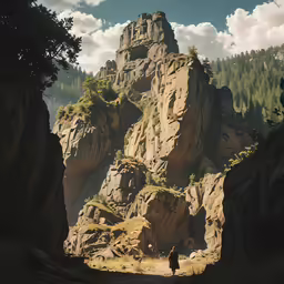 a man stands on a path leading to a rock castle