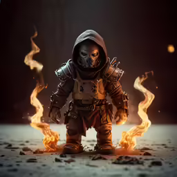 a action figure in a space suit standing on fire