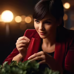 a woman is dressed in red while holding a red phone