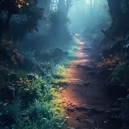 the trail is surrounded by trees and fog
